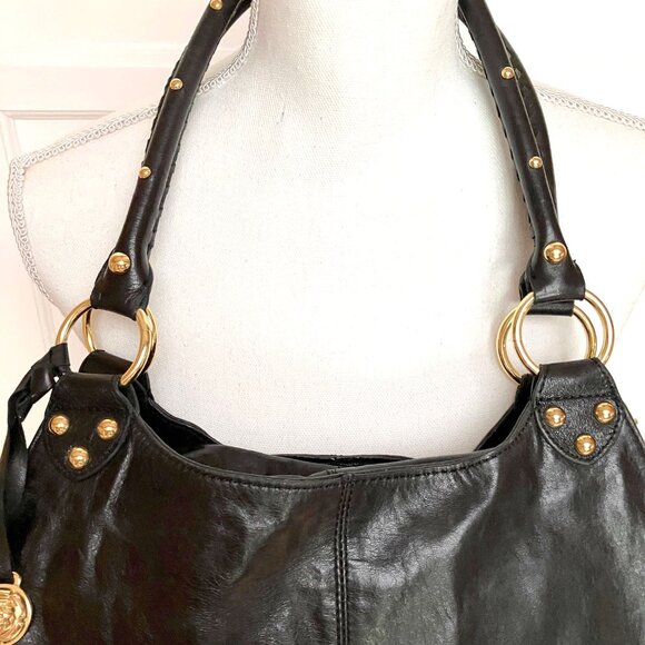 Rough Roses New Genuine Soft Black Leather Large Satchel Bag, Bright Gold Detail - Picture 2 of 11
